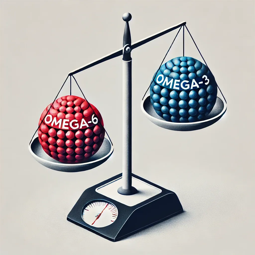 Ilustrácia váh znázorňujúca nerovnováhu omega-6 a omega-3 v strave